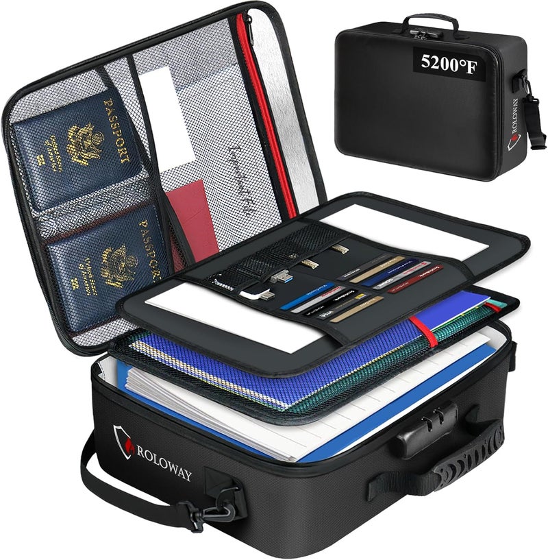 ROLOWAY 5200°F Fireproof Document Bag with Lock (17 x 12.3 x 5.3 inch), Upgraded Heat Insulated Fireproof Bag with Multi-Layer File Organizers, Important Document Storage for Home Safe - Image 1